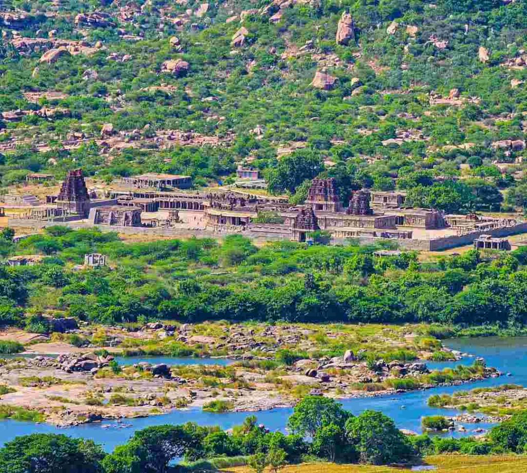 A view of the Vijaya Vittala temple on the other side of the Tungabhadra river from Anjanadri Hill