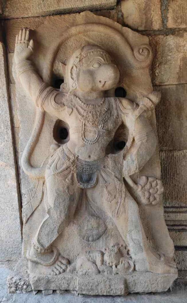 Colossal three-meter-high sculpture of Hanuman placed in Mukhamantapa at Madhava (Ranga) Temple