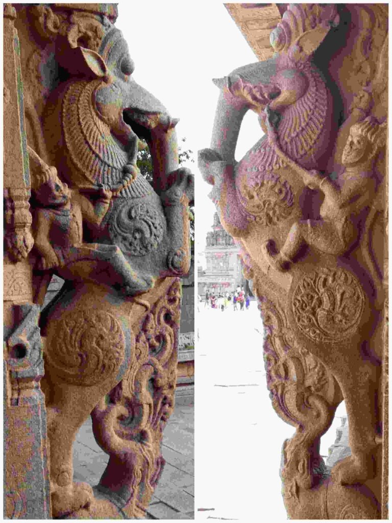 Horses or hippogriffs (yali) depicted on temple pillars