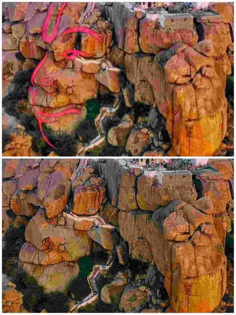 Imaginary depiction of Hanuman within natural hill formations