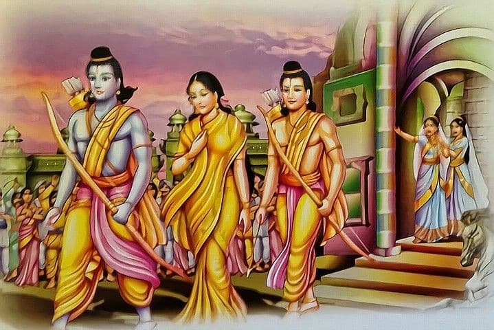 Rama, Sita, and Lakshmana are leaving the city of Ayodhya to spend 14 years in the forest