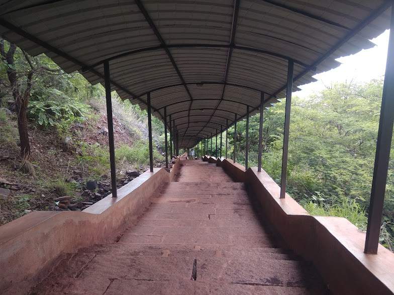 Scenic Stone Steps with Metal Roof Surrounded by Trees