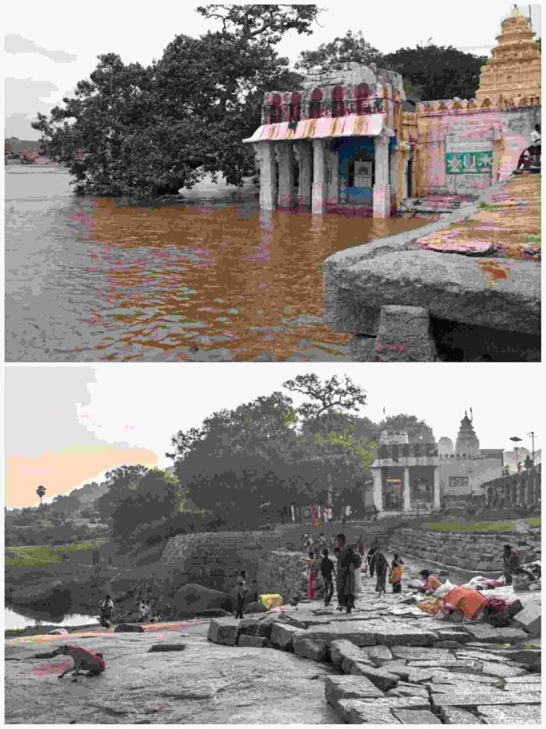 The heavy flow of the mighty Tungabhadra river touching the temple of Kodandarama
