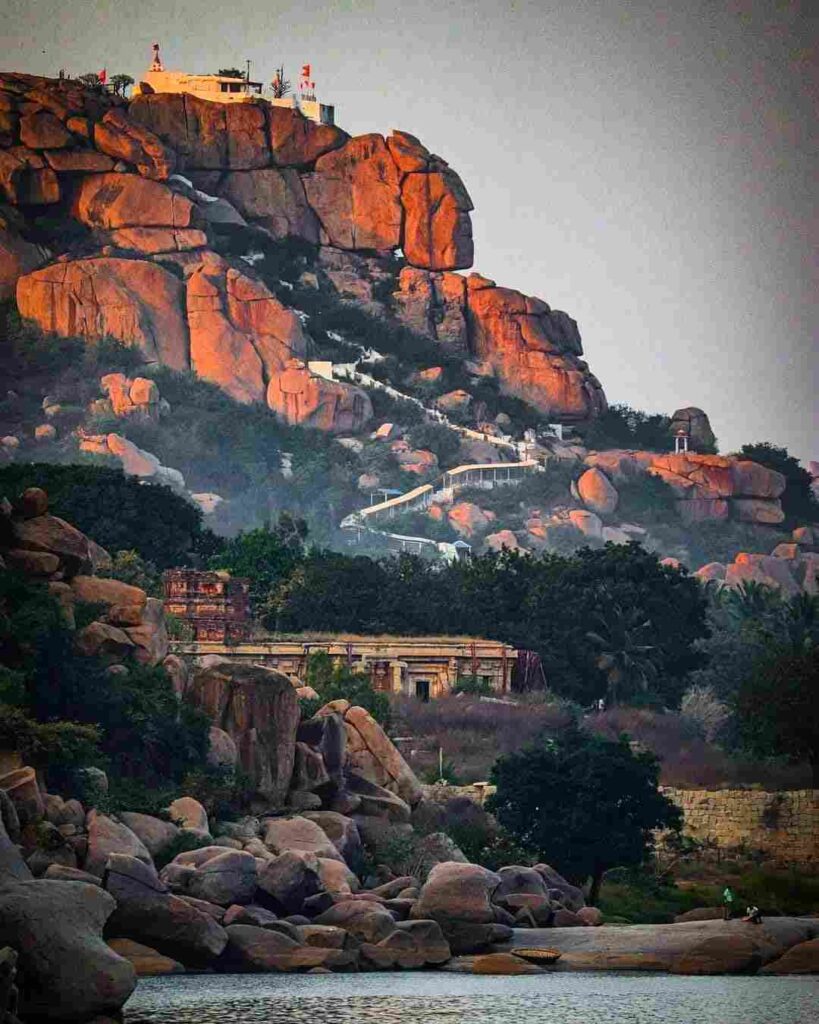 View of Anjanadri Hill from Tungabhadra River during a coracle ride