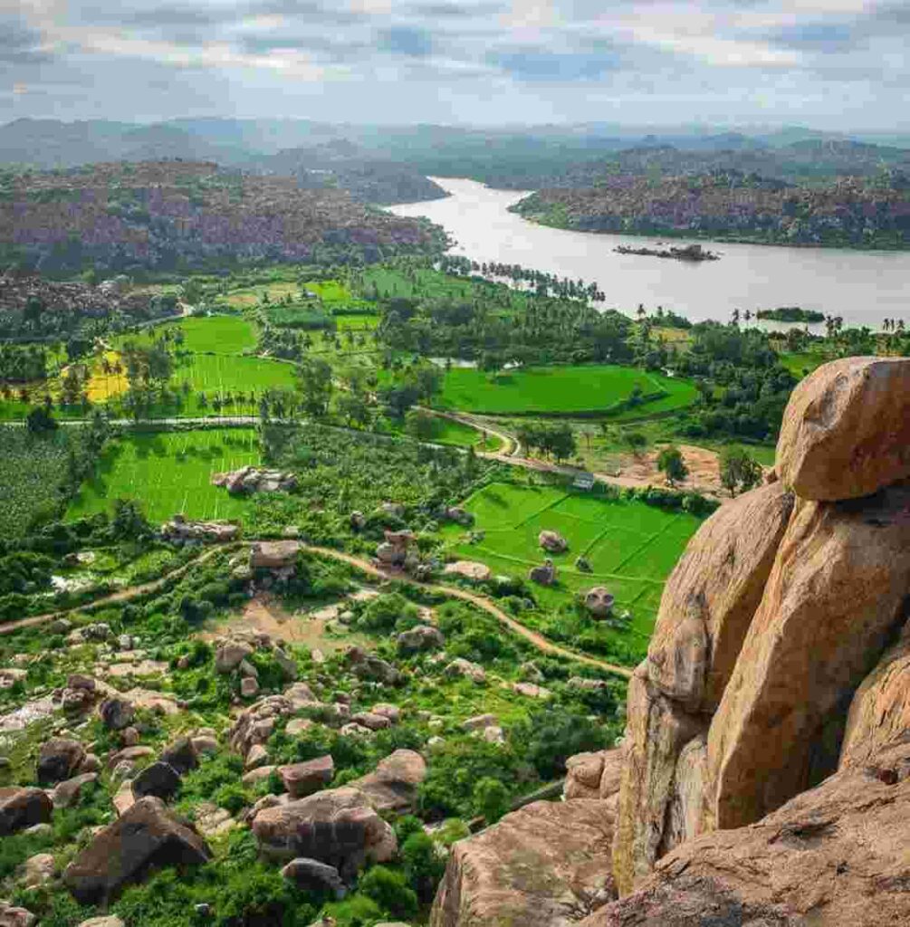 View of green fields and Tungabhadra River from the top of Anjanadri Hill