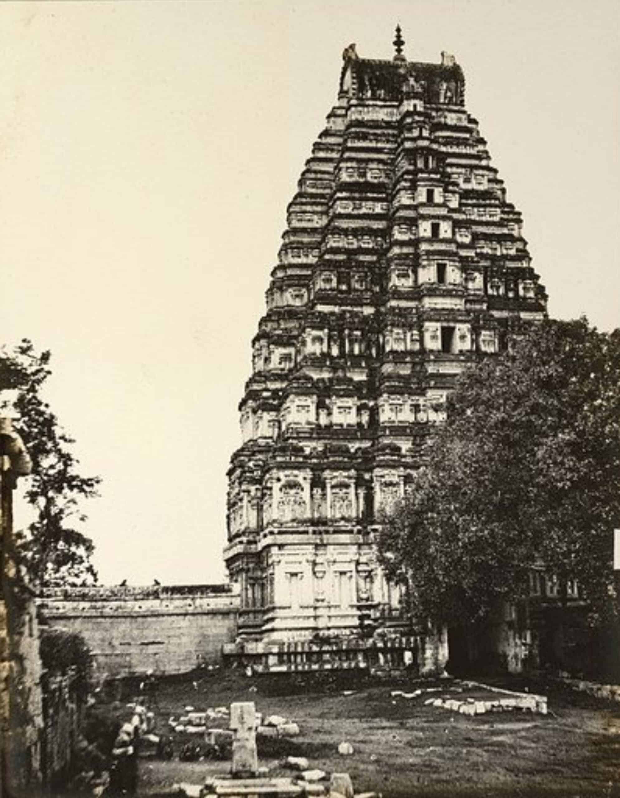 The photograph of the main entrance tower of Virupaksha Temple was taken by Alexander Greenlaw in 1856